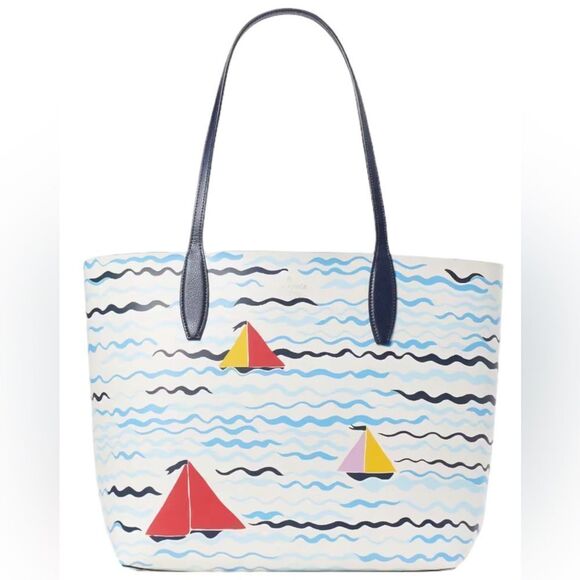 KATE SPADE SET SAIL LARGE LEATHER TOTE BAG BEACH SUMMER WITH COSMETIC WRISTLET - Picture 7 of 8